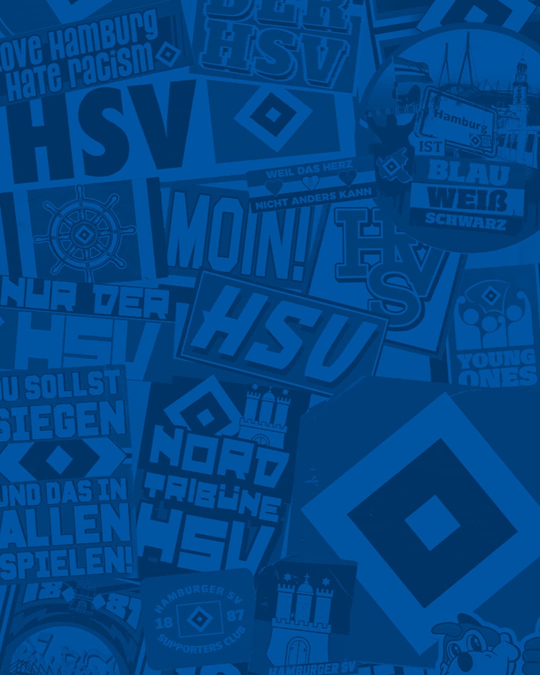 Collage of HSV-themed images, slogans, and logos in blue and white, featuring phrases like "LOVE HAMBURG HATE RACISM" and "NUR DER HSV."