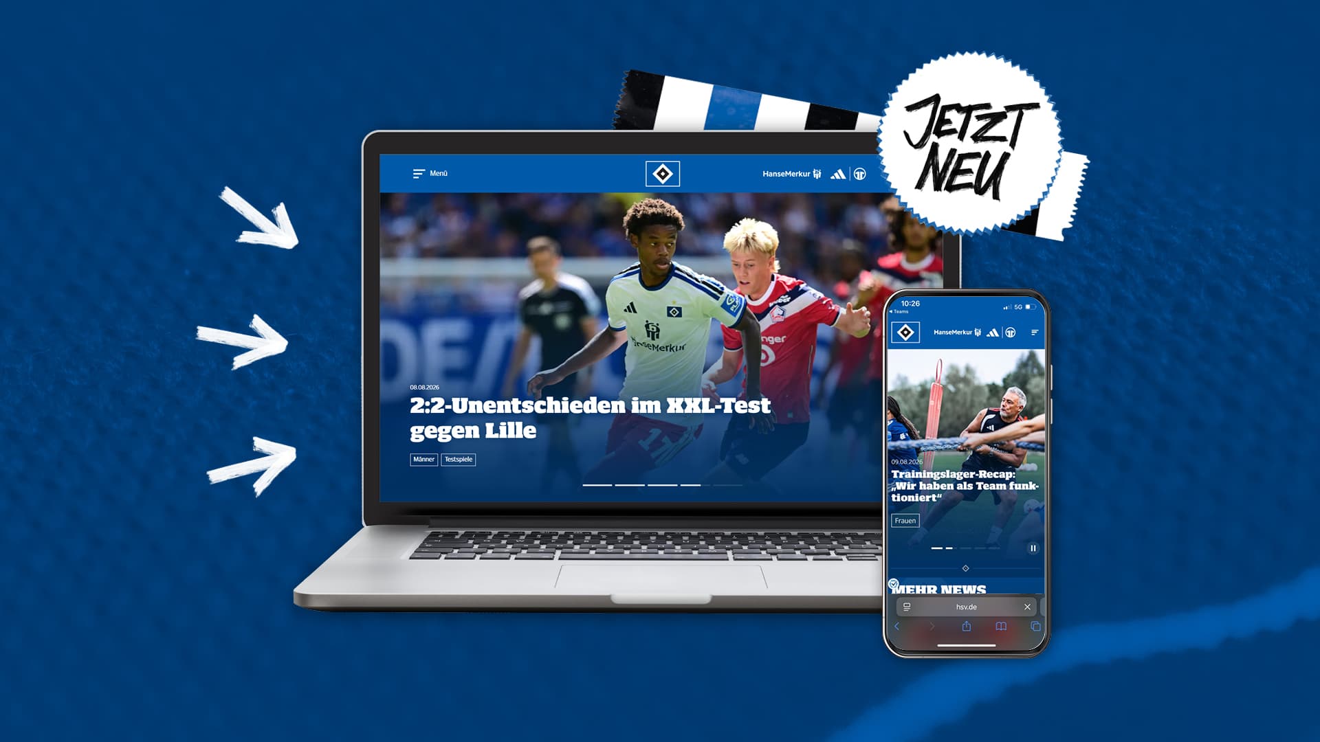 Info-Grafik zur neuen HSV.de-Seite mit der Darstellung von Inhalten auf Desktop und Mobile.