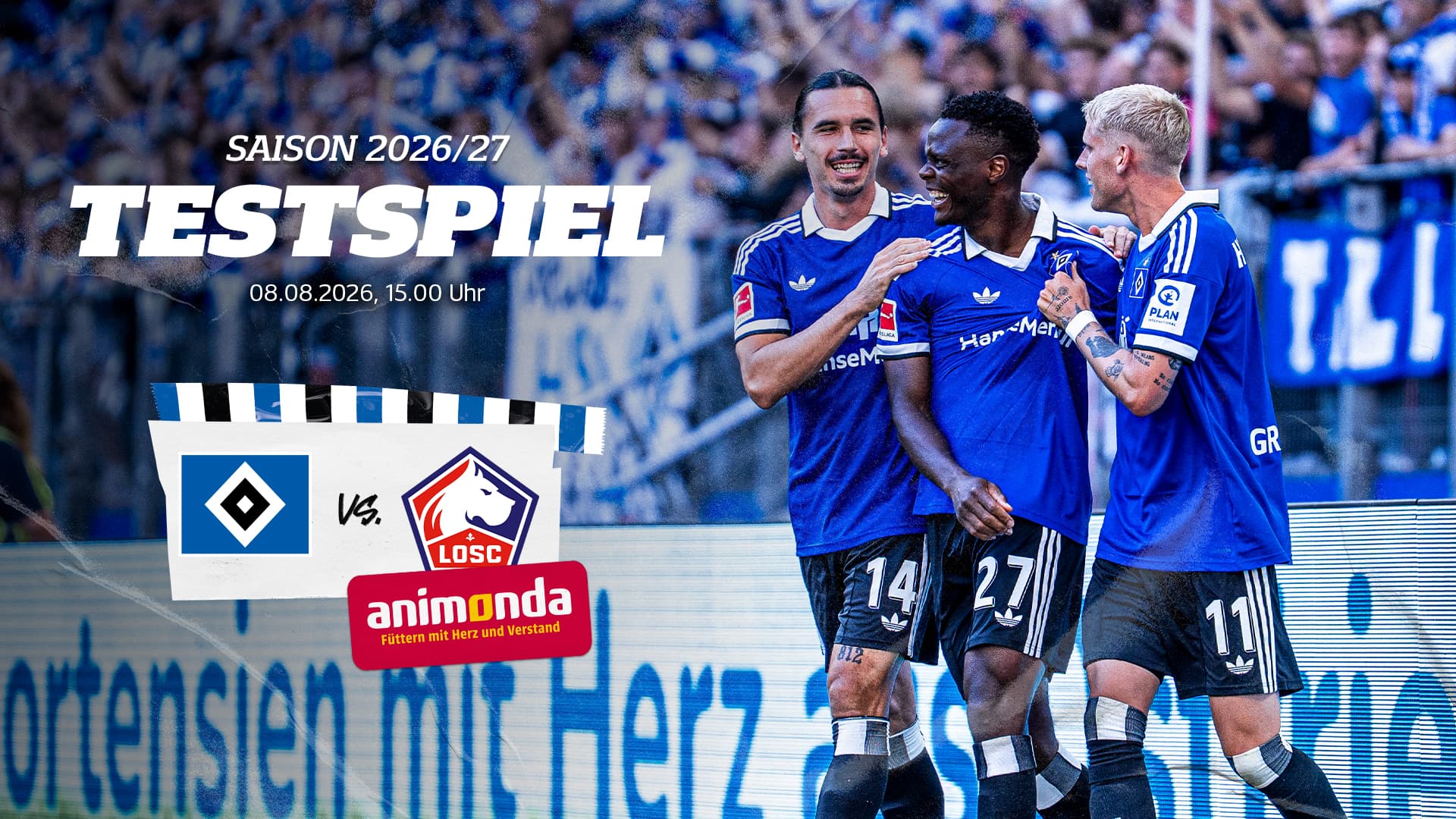 Eine Grafik auf der rechts drei HSV-Spieler zu sehen sind. Links steht ein Infotext zum Livestream des Testspiels HSV gegen LOSC.