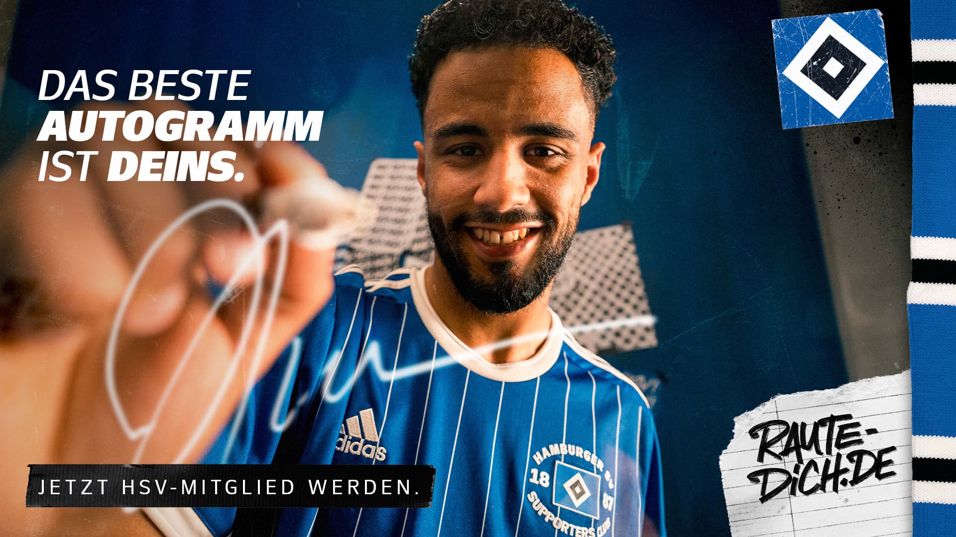 Smiling man in an HSV jersey signing an autograph; text reads "Das beste Autogramm ist deins." and "Jetzt HSV-Mitglied werden."