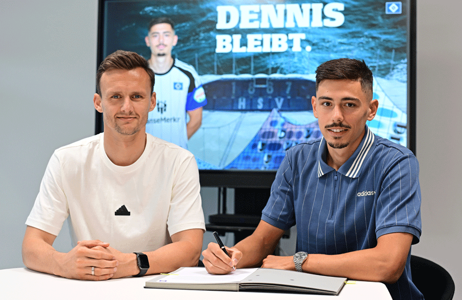 Freuen sich über die weitere Zusammenarbeit beim HSV: Claus Costa (l.) und Dennis Hadzikadunic.