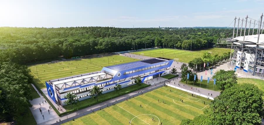 So soll es mal aussehen: Der HSV-Campus neben den neuen Spielfeldern am Volksparkstadion.