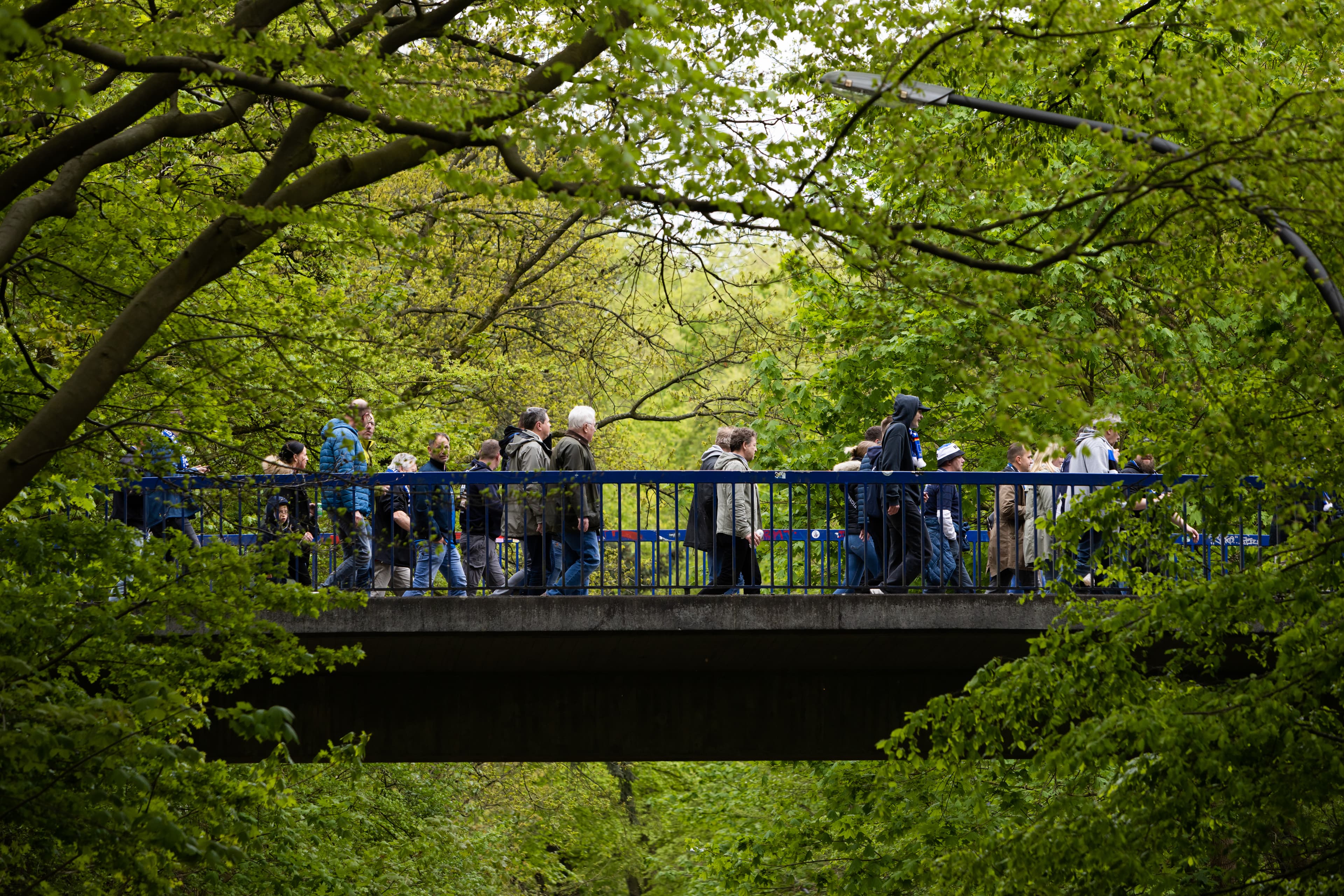 Menschen überqueren eine Brücke in einer grünen Parklandschaft.