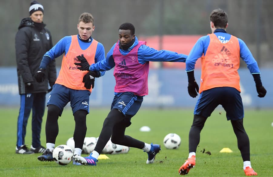 Vasilije Janjicic and Gideon Jung battle it out during training.