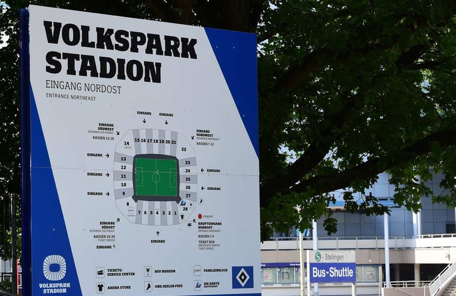 Links das Volksparkstadion, rechts im Hintergrund liegt schon die Barclaycard Arena.