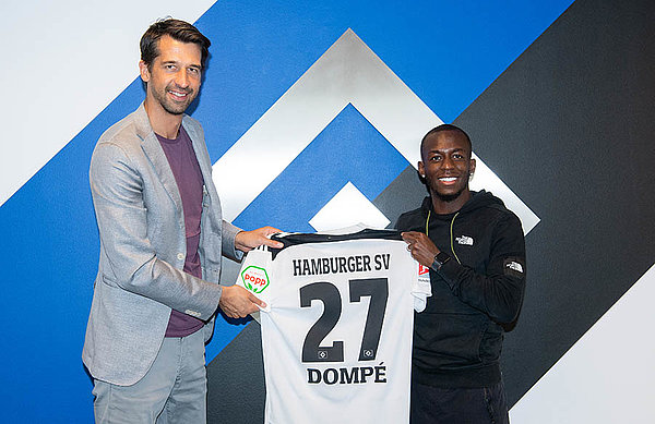 Freuen sich auf die künftige Zusammenarbeit: HSV-Vorstand Jonas Boldt und Außenbahnspieler Jean-Luc Dompé. Freuen sich auf die künftige Zusammenarbeit: HSV-Vorstand Jonas Boldt und Außenbahnspieler Jean-Luc Dompé.
