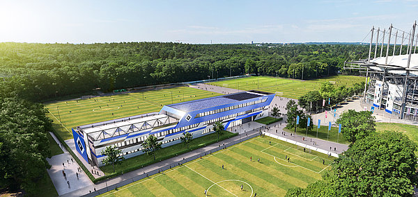 So soll es mal aussehen: Der HSV-Campus neben den neuen Spielfeldern am Volksparkstadion.