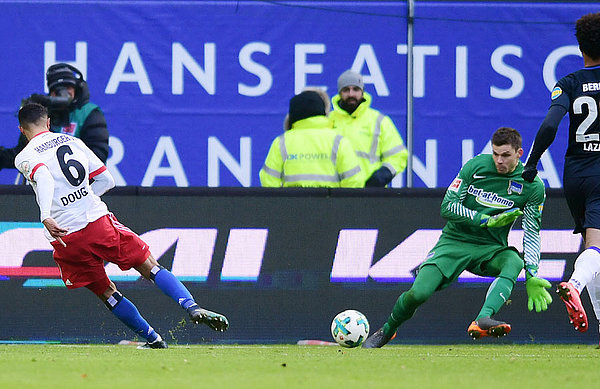 Douglas Santos slots a cool finish past Jarstein to give HSV the lead.