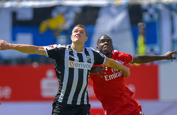 Kevin Behrens, seen here battling with Orel Mangala when the two sides met in August 2018, has been involved of half of SVS' goals this season.