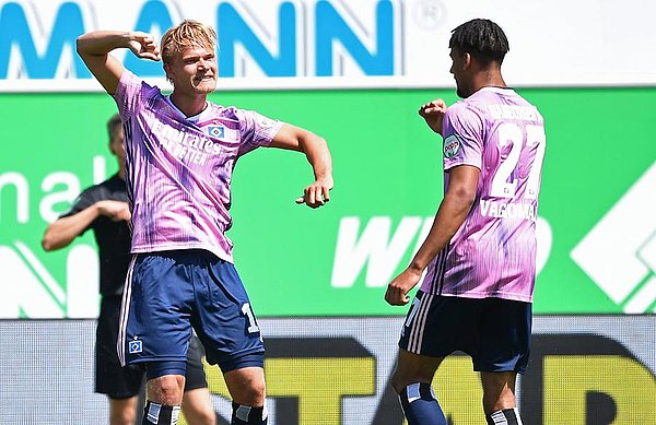 Joel Pohjanpalo celebrates his third goal in HSV colours in the 41st minute, a poacher's finish at the back post.