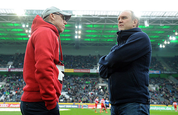 Cologne head coach Peter Stöger and commercial manager Jörg Schmadtke have helped Cologne to return to winning ways. Peter Stöger and Jörg Schmadtke in Gladbach.