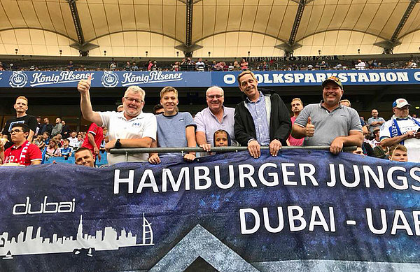 The fan club with their banner at the Volksparkstadion during the pre-season friendly against Bayern Munich in August 2018.