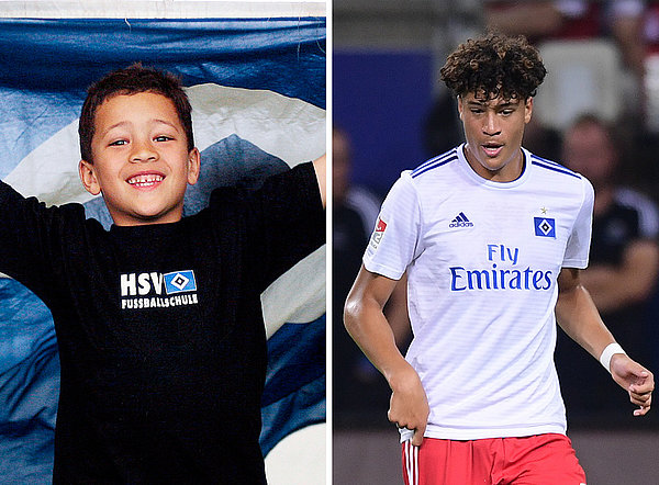 Jonas David als Kind in der Fußballschule und bei seinem Profi-Debüt für den HSV.