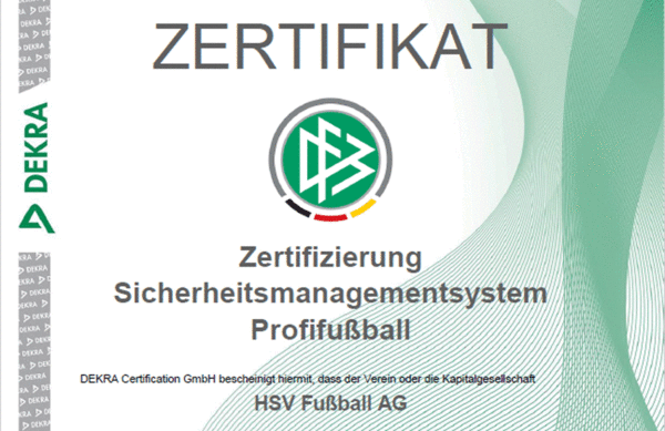 Mit diesem Zertifikat wurde der Hamburger SV ausgezeichnet.