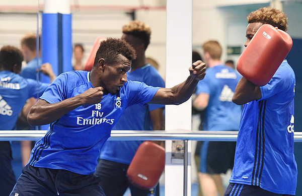 Welcome change: On Tuesday afternoon Bakery Jatta, Gideon Jung and everyone else enjoyed some boxing training.