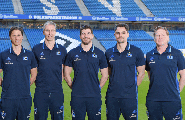 Cheftrainer Markus Gisdol und sein Trainerteam Stefan Wächter, Daniel Müssig, Frank Kaspari und Frank Fröhling (v.r.n.l.) haben ihre Verträge um zwei weitere Jahre verlängert.