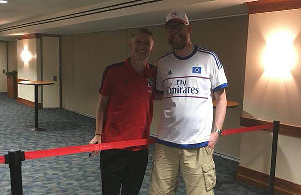 The arrival of German World Cup winner Bastian Schweinsteiger at Chicago Fire certainly piqued the interest of the HSV fans in the Windy City, pictured here with fan club member Thorsten Rangnick.