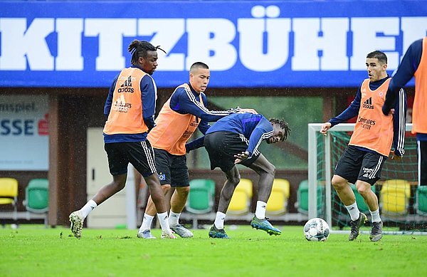 Everyone got stuck in right from the off: Bakery Jatta and Bobby Wood didn't give an inch during training